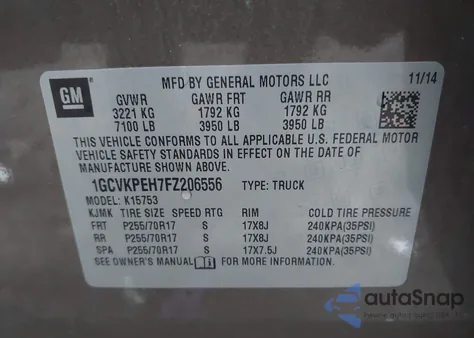 2015 Chevrolet Silverado 1500 Wt из США, поврежденный, VIN 1GCVKPEH7FZ206556